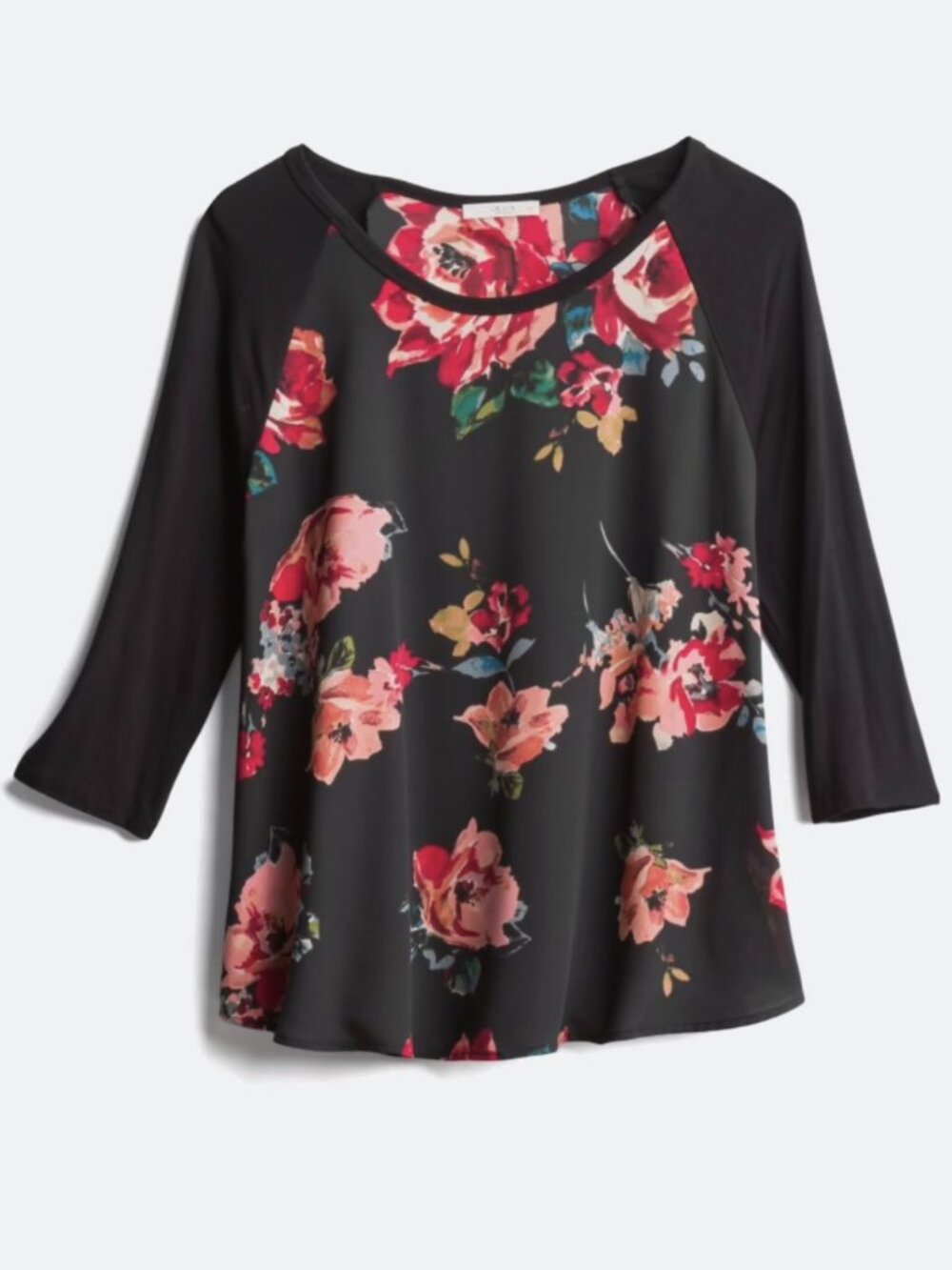 Kaileigh | Vernon Mixed Material Top | Black & Red Floral Print | 1X